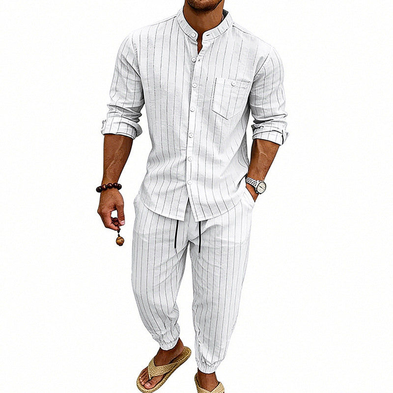 Men’s Striped Henley Set – Linen Jogger Streetwear Outfit