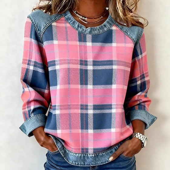 Sudadera de retazos de mezclilla para mujer - Sudadera floral con cuello redondo