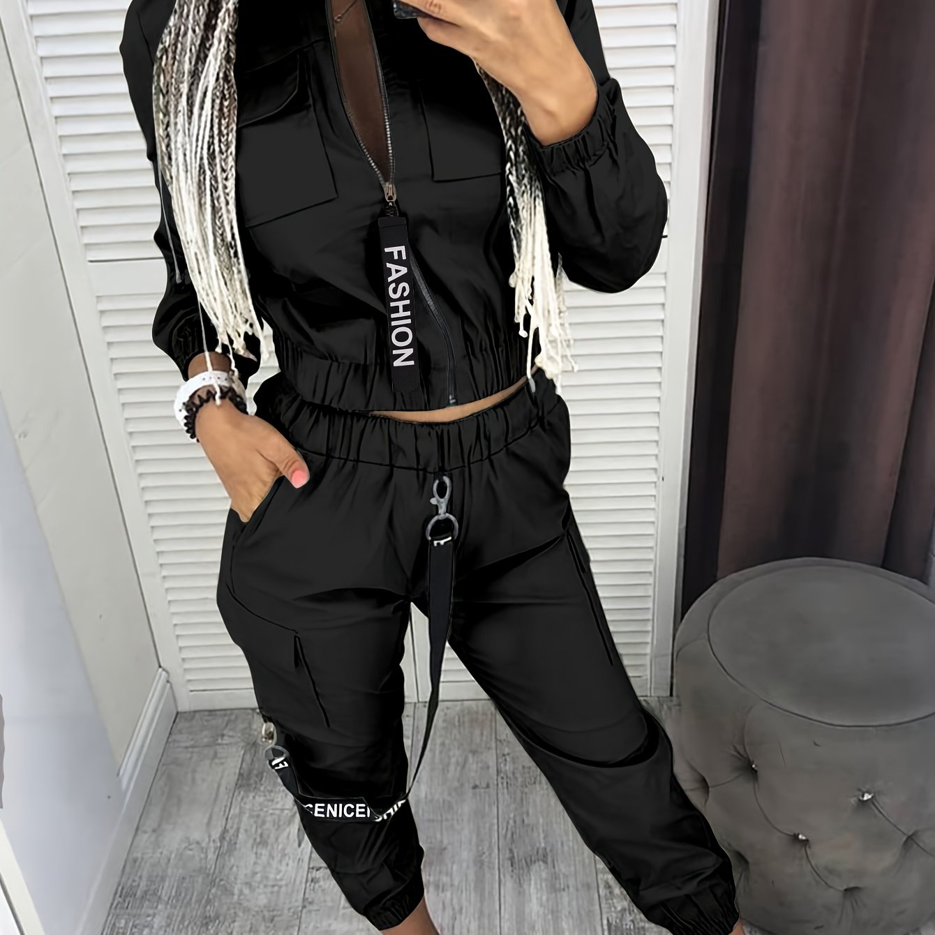 Conjunto de dos piezas con cremallera y diseño direccional – Ropa urbana informal para mujer