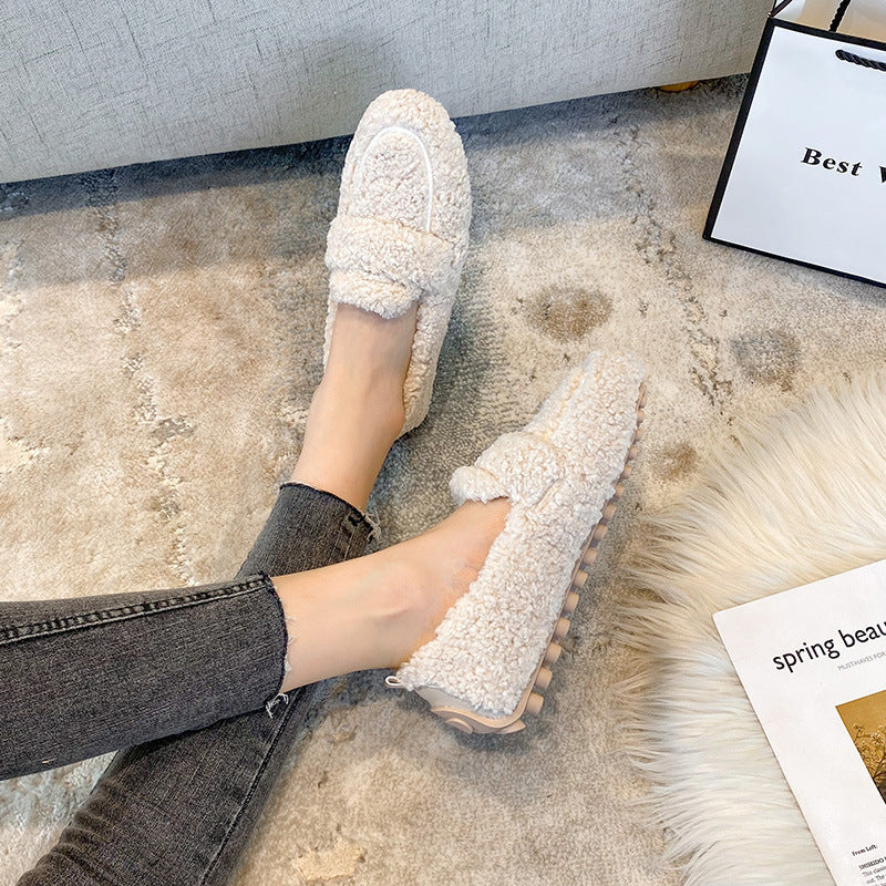 Mocasines planos de felpa de invierno Loom & Soul para mujer – Mocasines de lana de cordero cálidos sin cordones con forro suave y tacón plano