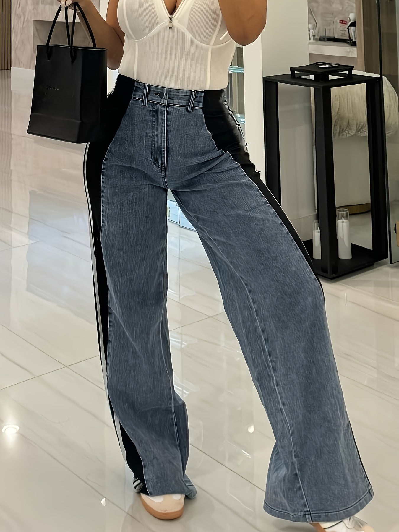 Pantalones de pernera ancha y cintura alta - Ajuste alargador con paneles a rayas