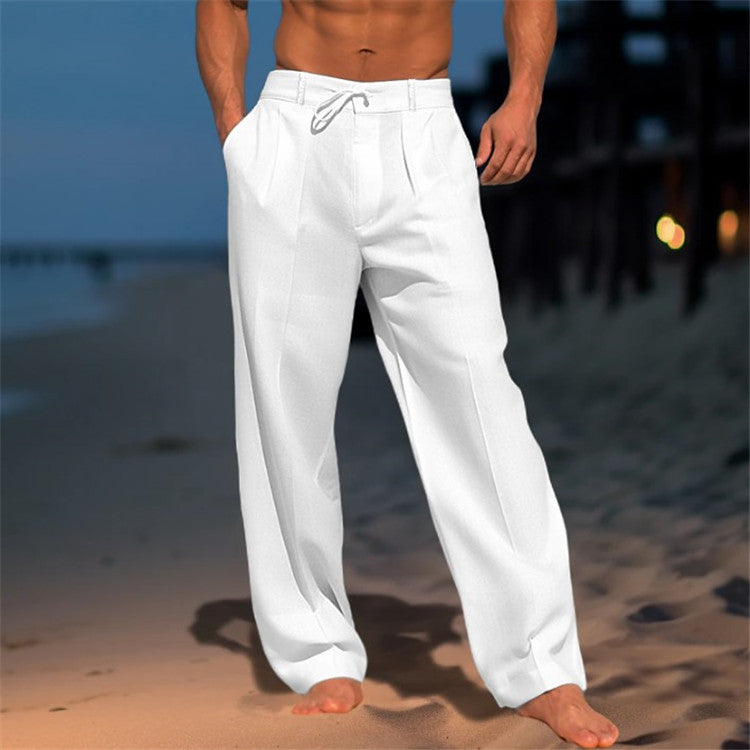 Pantalones de pierna ancha con cordón para hombre – Pantalones rectos casuales de algodón