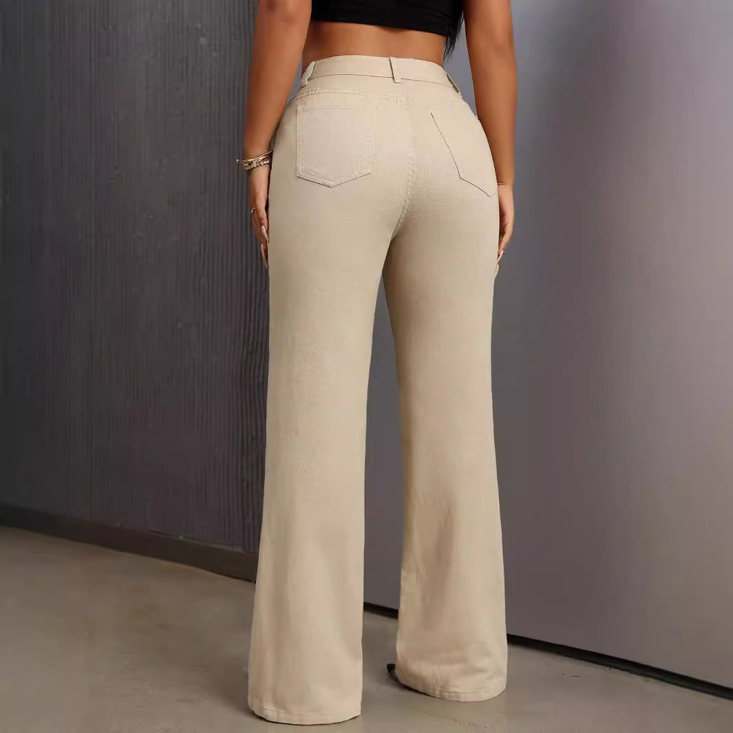 Pantalones vaqueros de mujer largos hasta el suelo de talle medio con cintura elástica – Denim urbano