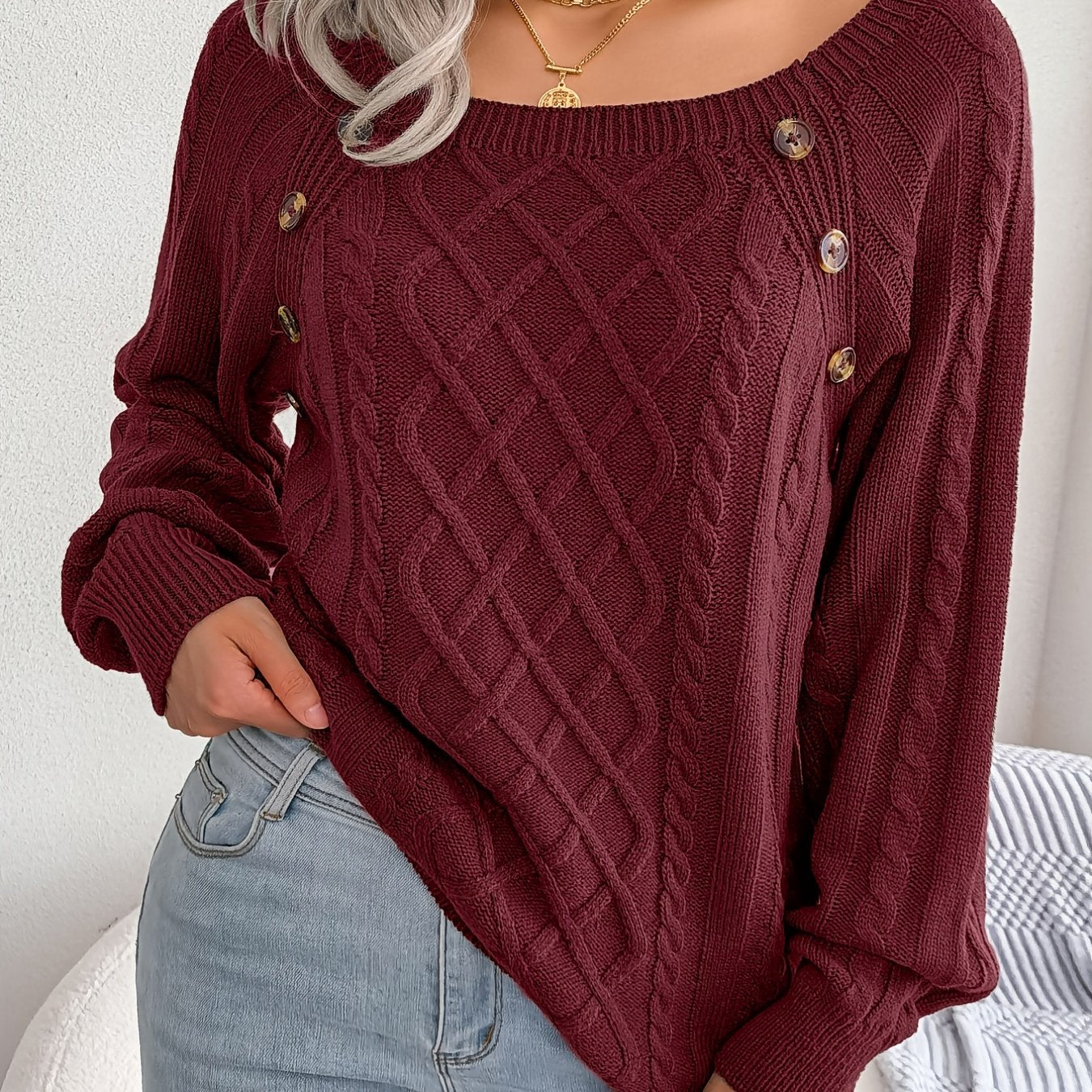Jersey texturizado de mujer con manga farol – Top de punto con detalles de botones