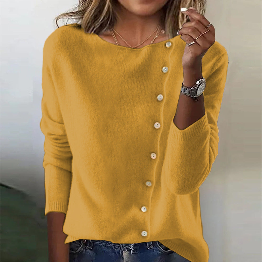 Suéter elegante con botones para mujer - Top de punto de manga larga con cuello redondo