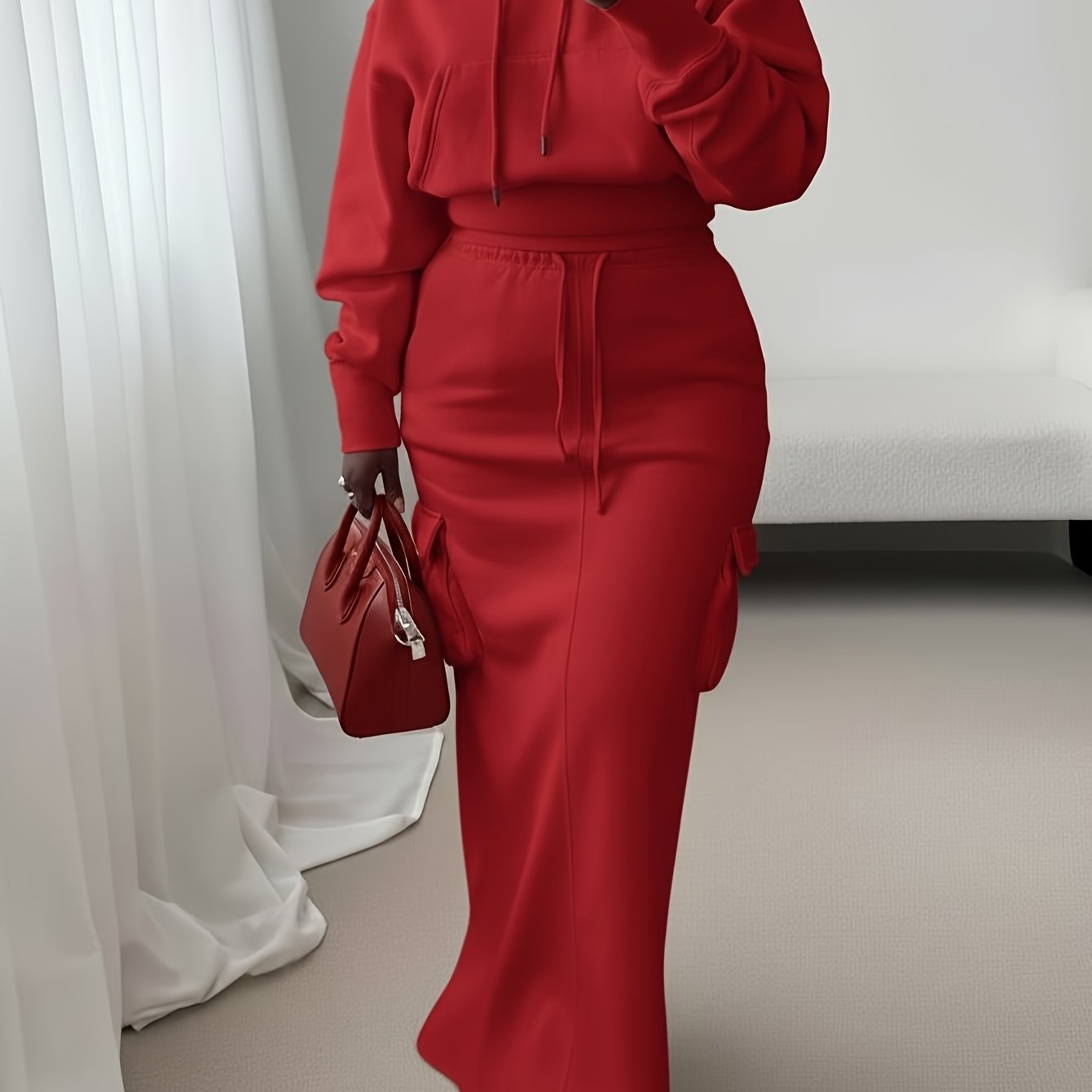 Conjunto de vestido con capucha de 2 piezas – Estilo urbano utilitario largo