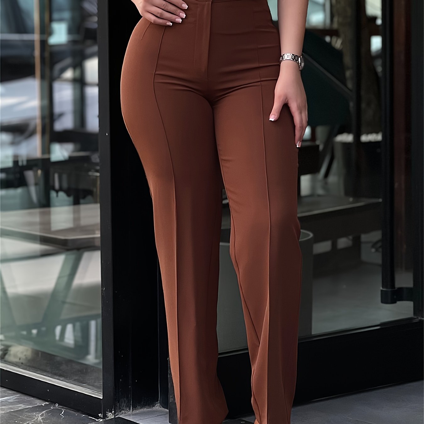 Pantalón de vestir de mujer de talle alto con pernera recta – Pantalón de trabajo negro elegante