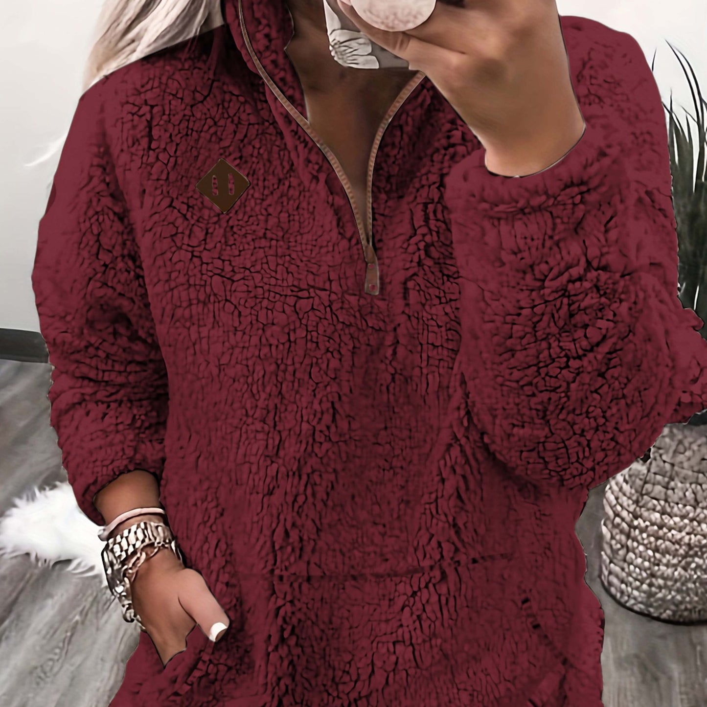 Sudadera con capucha y cremallera forrada de forro polar: sudadera casual suave para mujer