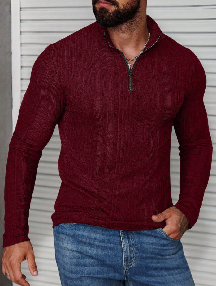 Sudadera con capucha de punto acanalado para hombre con cuello alto – Sudadera gruesa ajustada