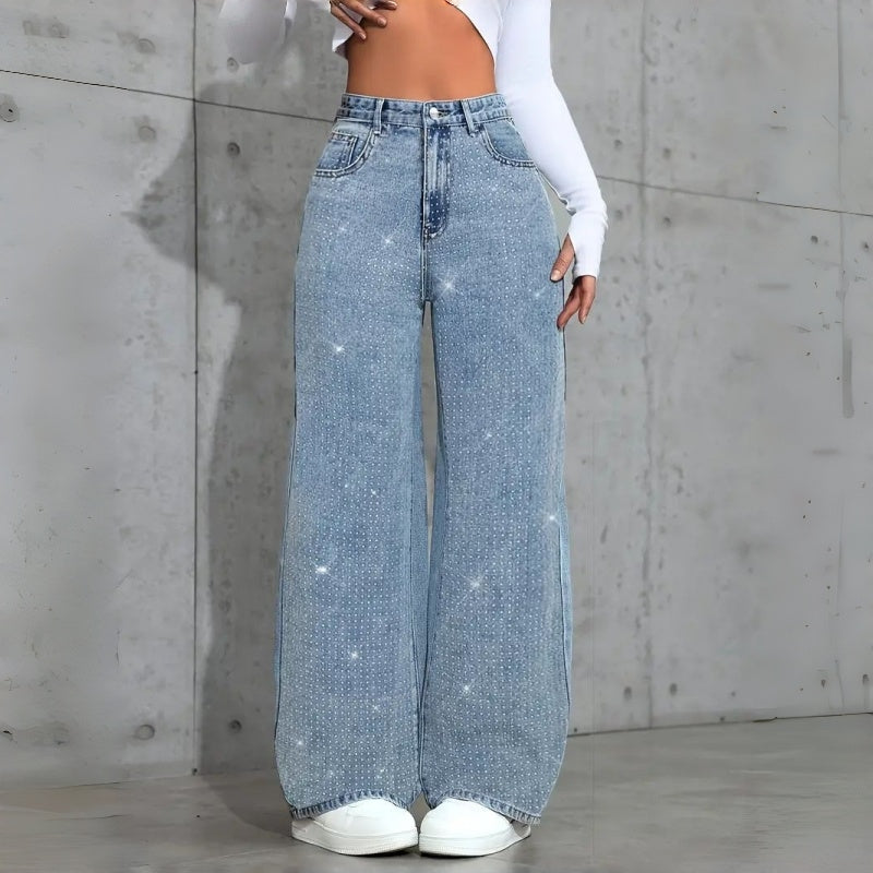 Women’s Rhinestone Wide-Leg Jeans – Loose Fit Statement Denim
