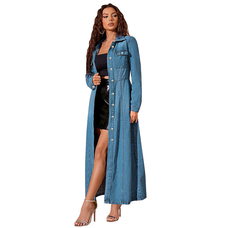 Women’s Denim Button-Front Cardigan Dress – Long Sleeve Street Fit