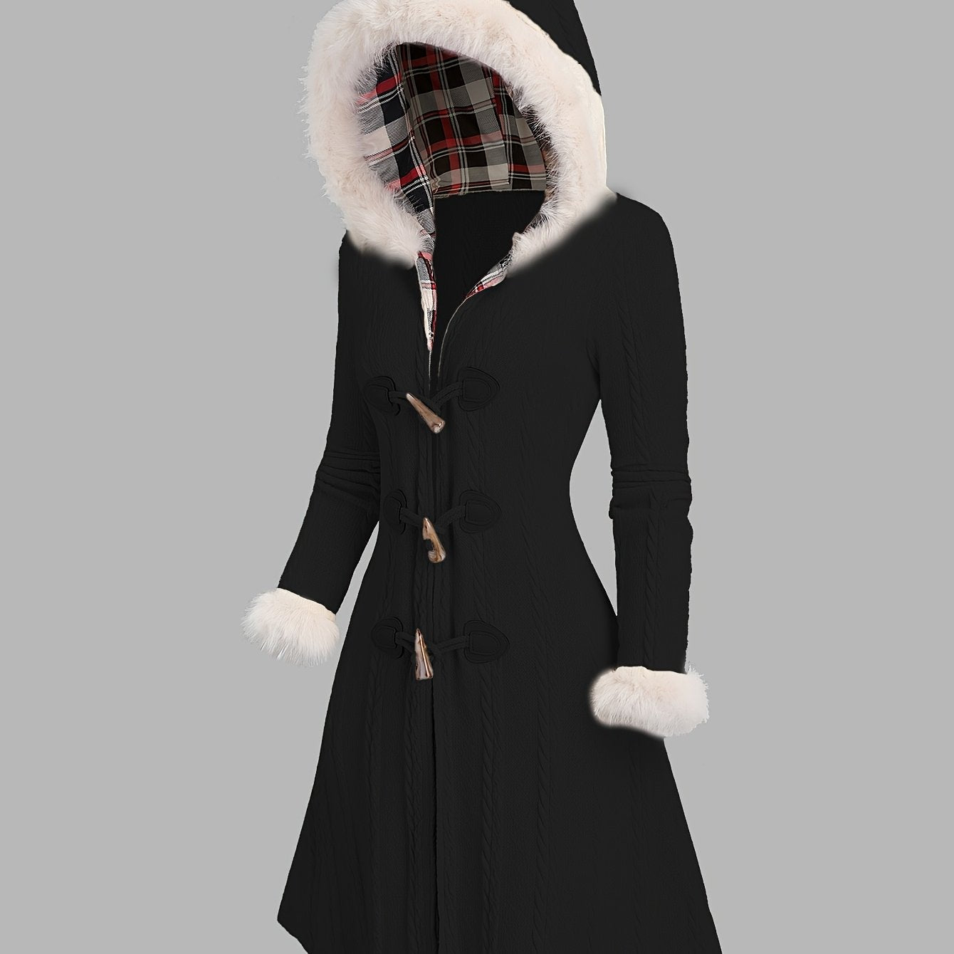 Abrigo con capucha de cuadros Y2K para mujer – Chaqueta larga de invierno con retazos rojos y blancos