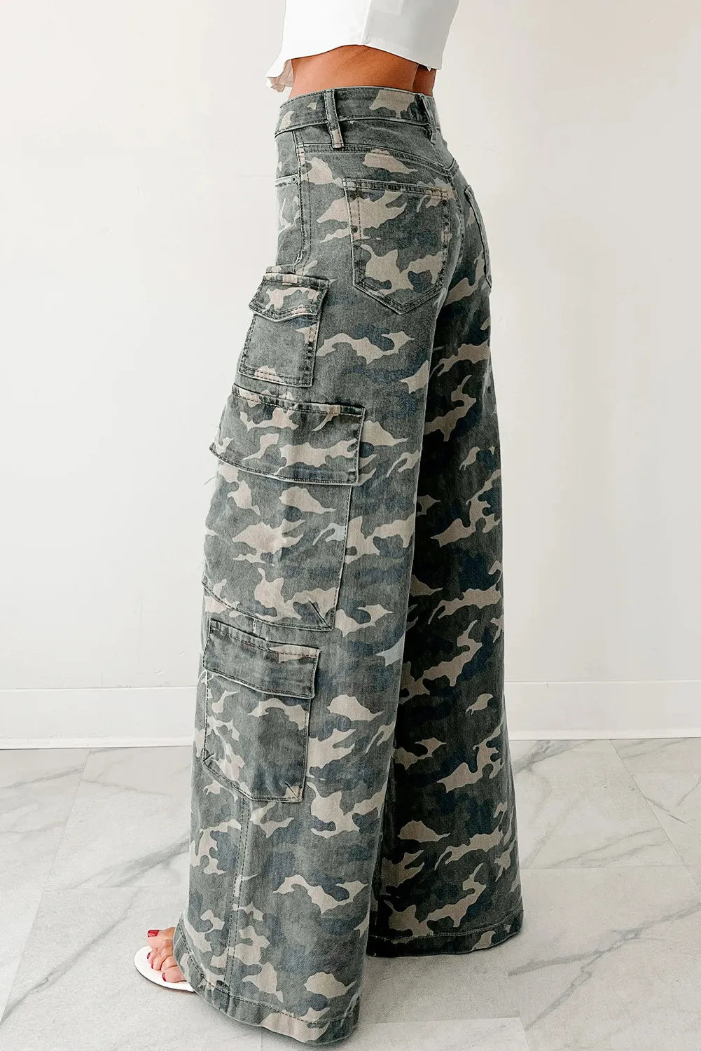 Pantalones cargo de mezclilla con estampado de camuflaje para mujer – Jeans utilitarios de pierna ancha