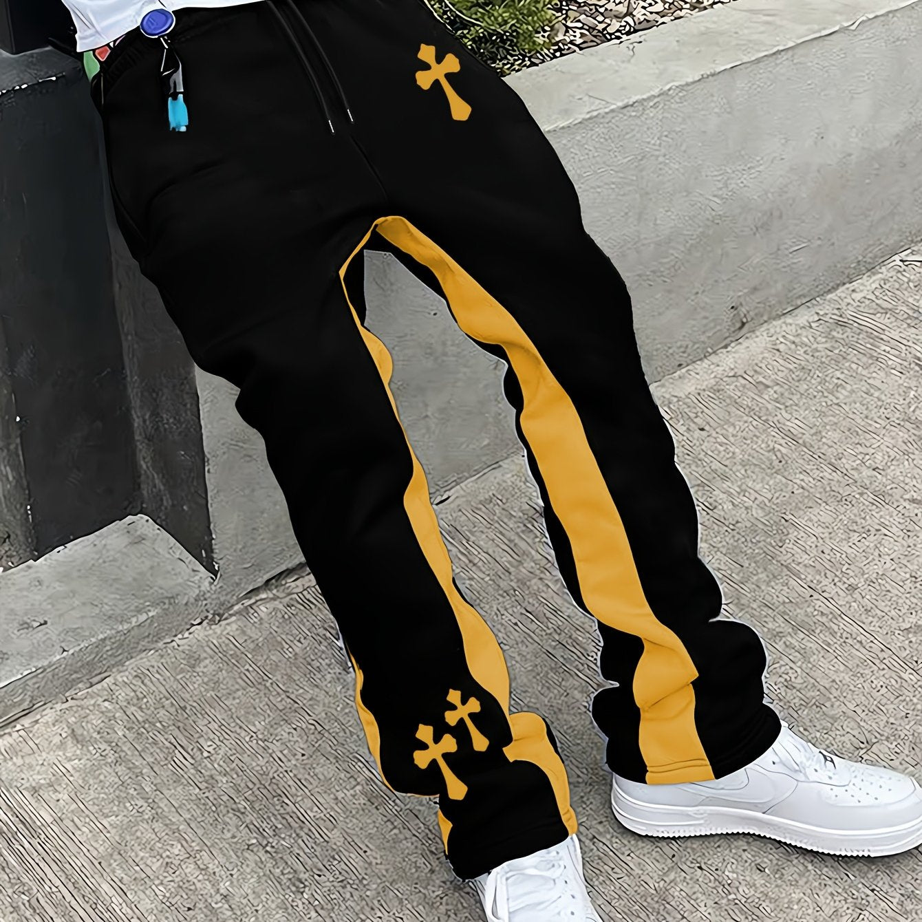 Pantalones Acampanados Negros para Hombre – Pantalones de Calle con Estampado de Cruz y Raya Roja