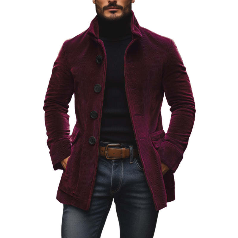 Chaqueta de pana para hombre con cuello alto – Abrigo casual ajustado con botones
