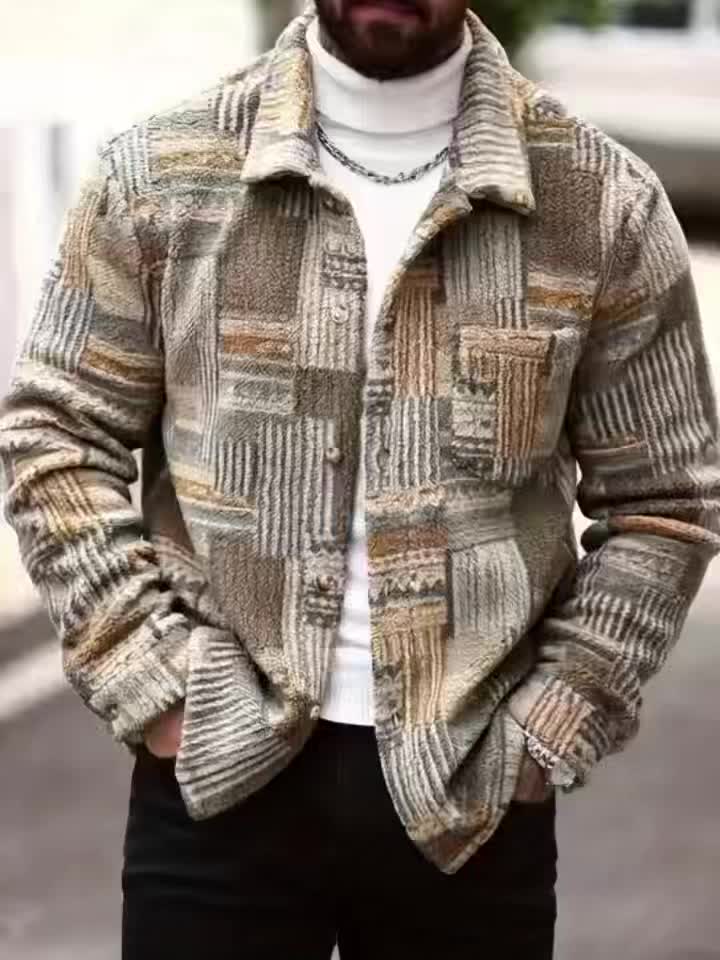Chaqueta polar geométrica retro para hombre – Camisa chaqueta abotonada vintage