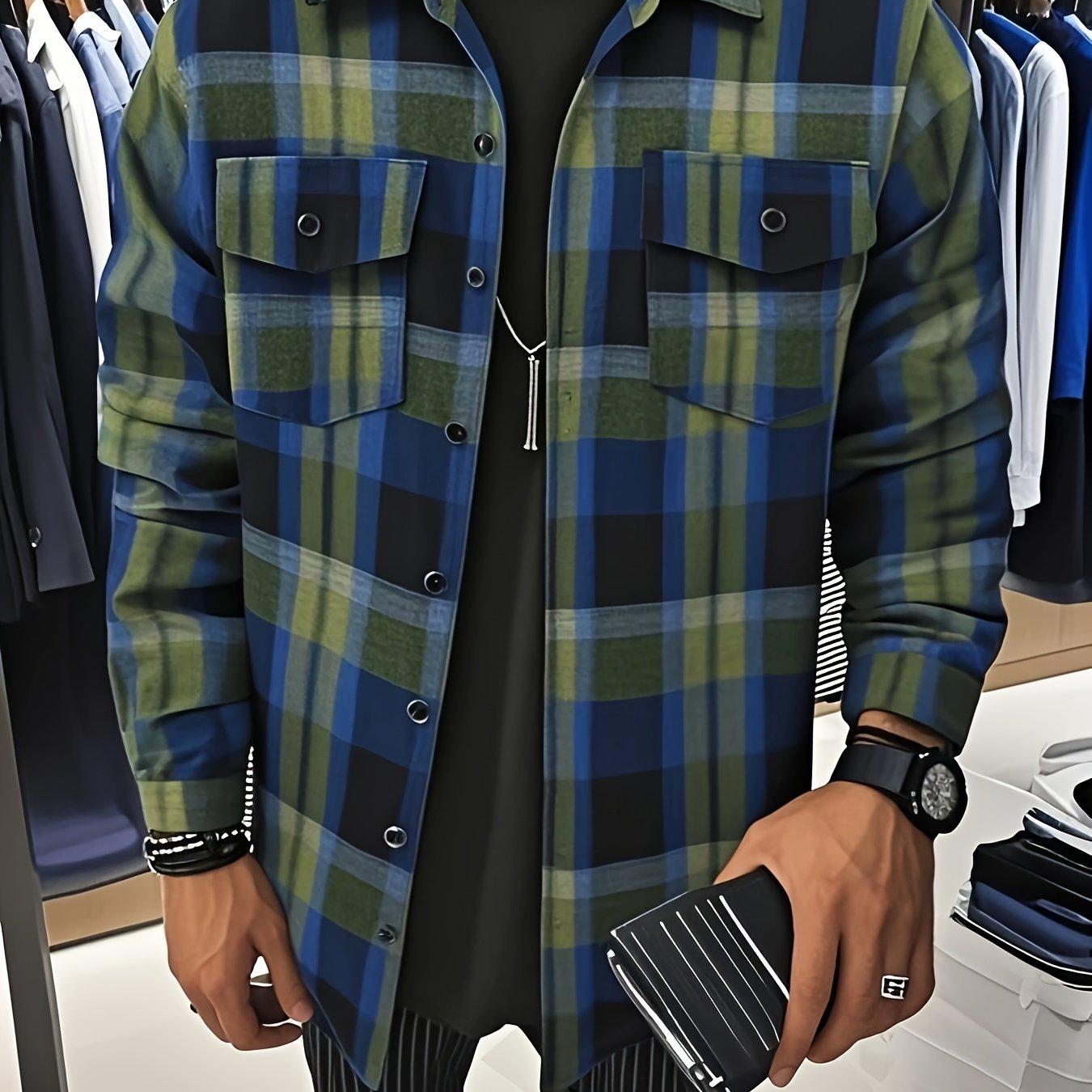 Camisa a cuadros verdes y azules para hombre – Camisa informal a cuadros con botones