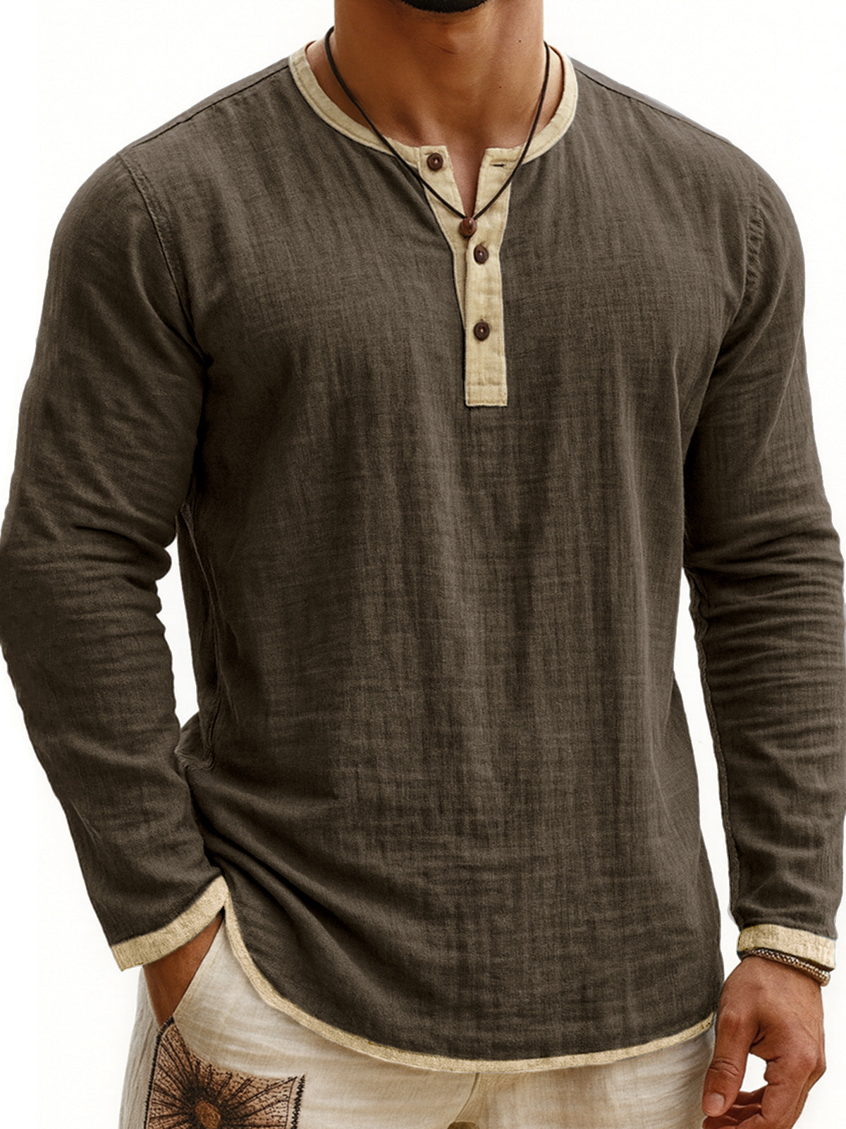 Camiseta Henley de manga larga con estampado digital bicolor para hombre – Corte ajustado de 3 botones