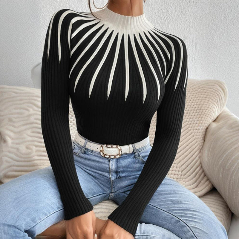 Suéter de punto de cuello alto ajustado para mujer – Manga larga a rayas acanalado