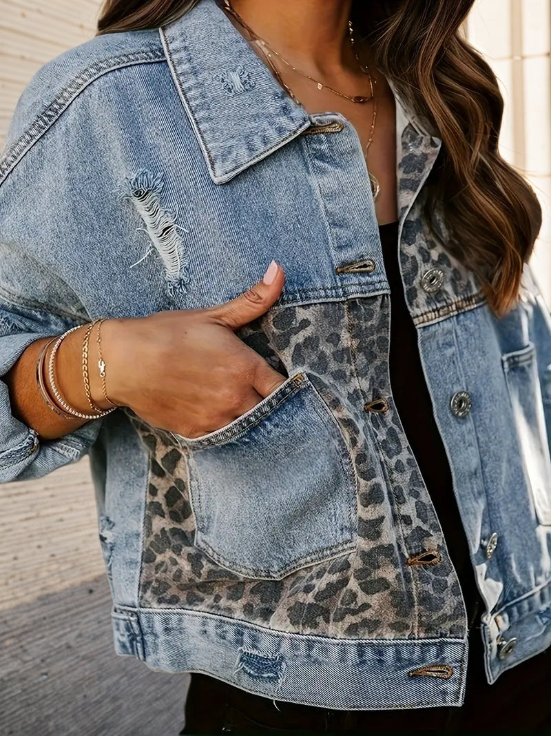 Women’s Leopard Patch Denim Jacket – Distressed Street Style