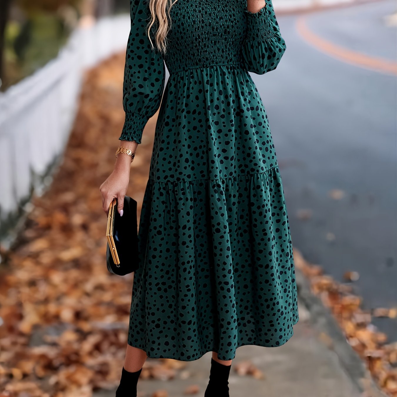 Leopard Print Long Sleeve Maxi Dress – Elegant A-Line Flowing Dress
