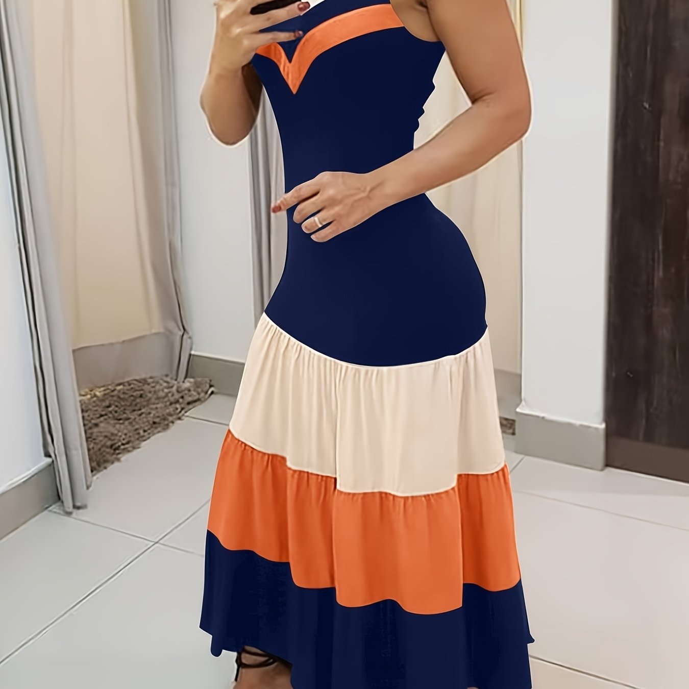 Colorblock Ruched Maxi Dress – Spaghetti Strap Ruffle Summer Dress