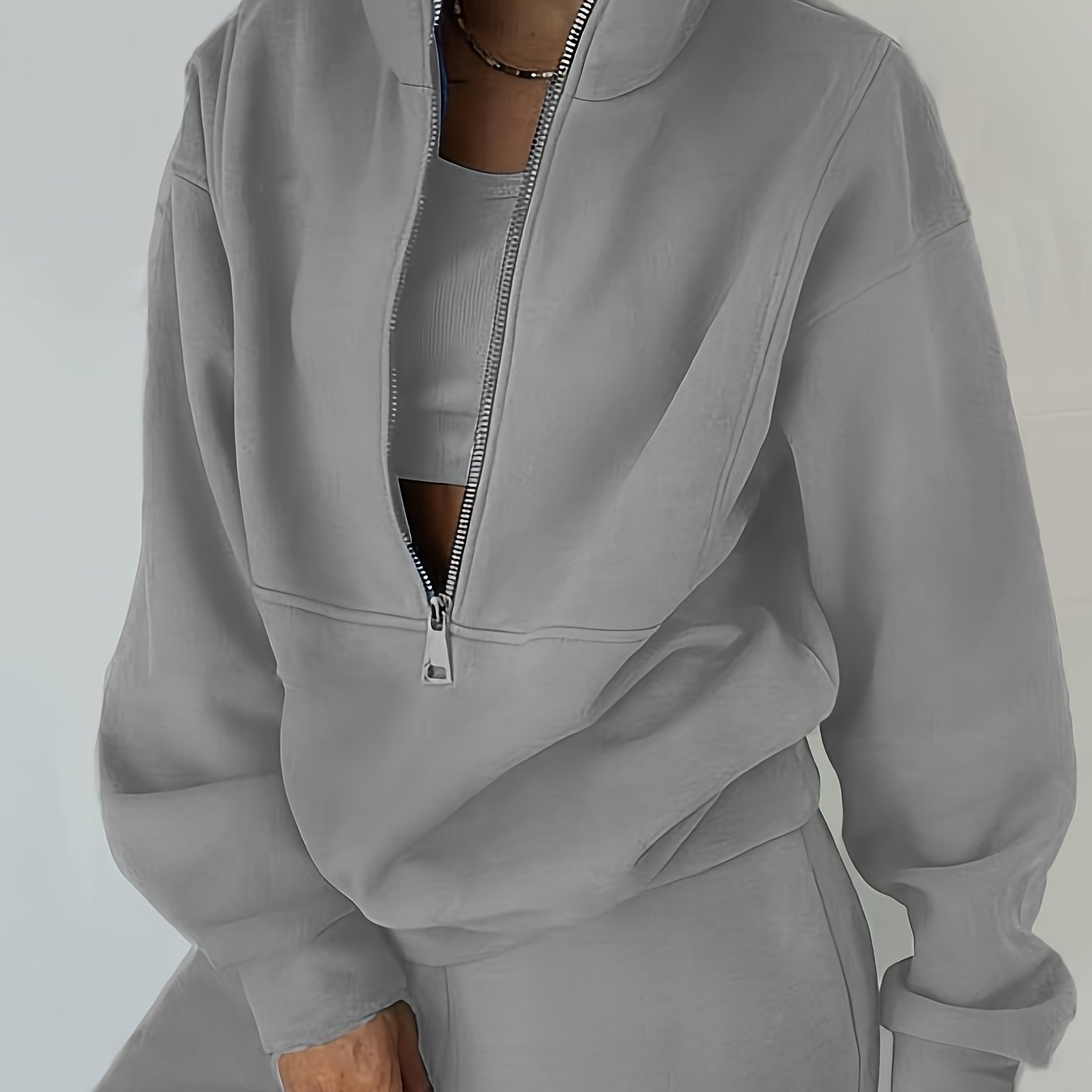 Conjunto polar para mujer de tallas grandes – Sudadera con cremallera y pantalón, atuendo urbano