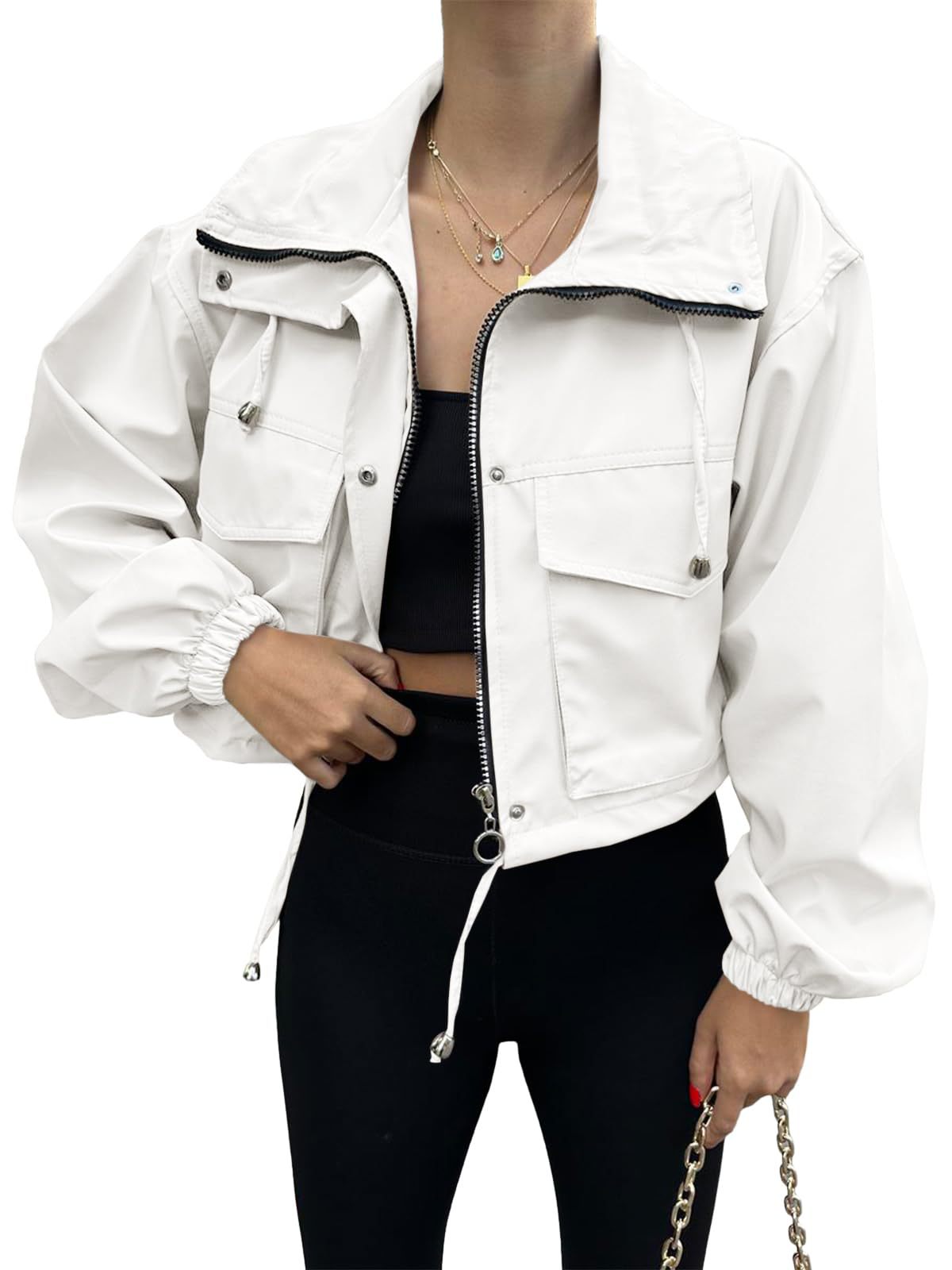 Chaqueta Trench Corta con Cremallera para Mujer – Estilo Urbano de Color Liso