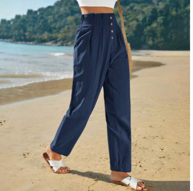 Pantalon décontracté taille haute Loom & Soul pour femme – Pantalon droit en coton et lin pour un confort au quotidien