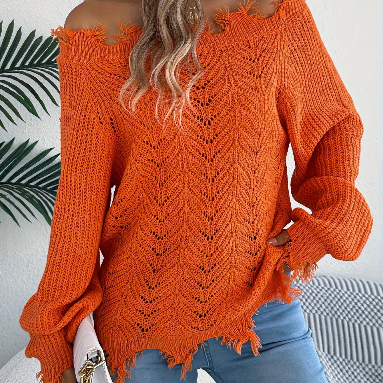 Suéter de punto sin hombros para mujer – Sudadera de punto elegante para otoño/invierno