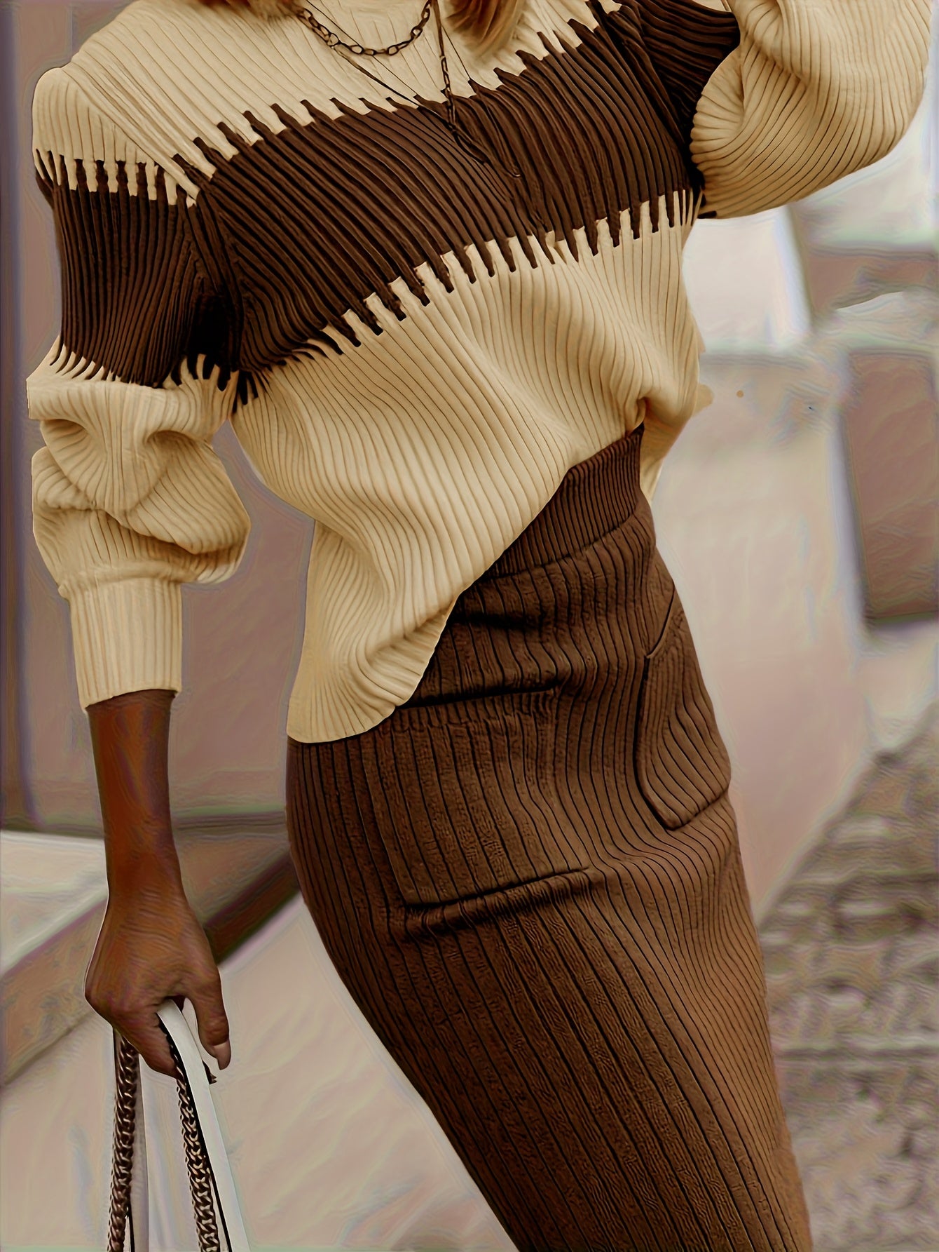 Conjunto de suéter y falda de cuello alto con bloques de color – Dos piezas elegantes de invierno