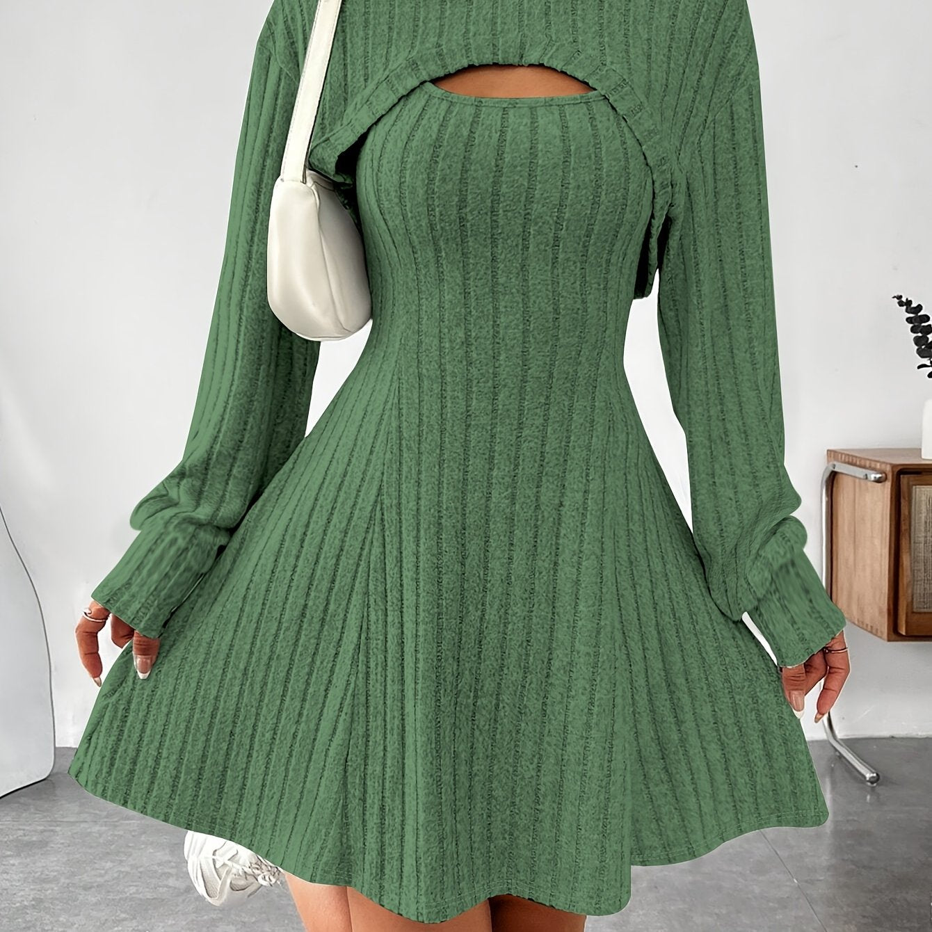 Ensemble 2 pièces côtelé pour femme – Top court à capuche et robe moulante