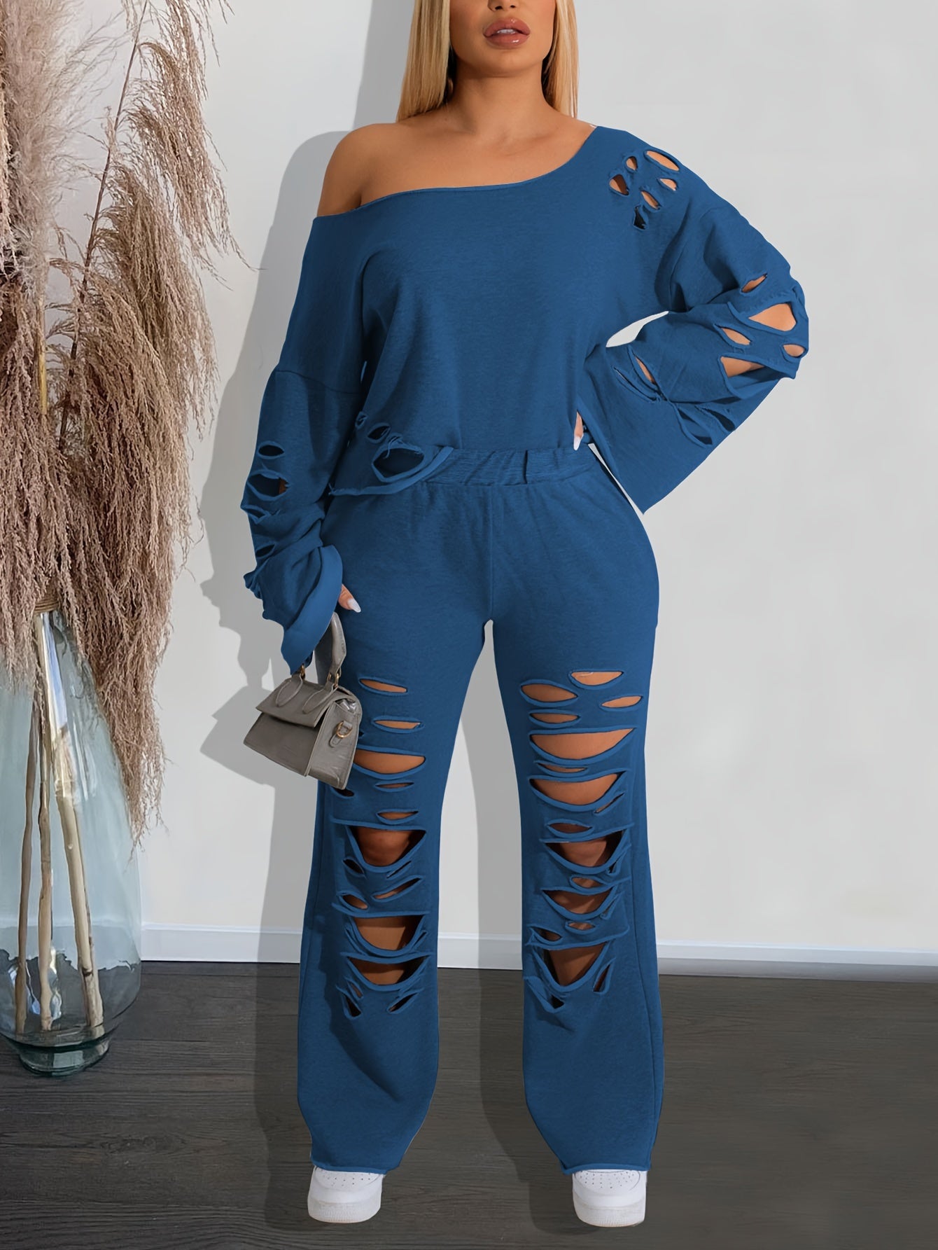 Ensemble 2 pièces femme épaules dénudées délavé – Haut manches longues et pantalon déchiré