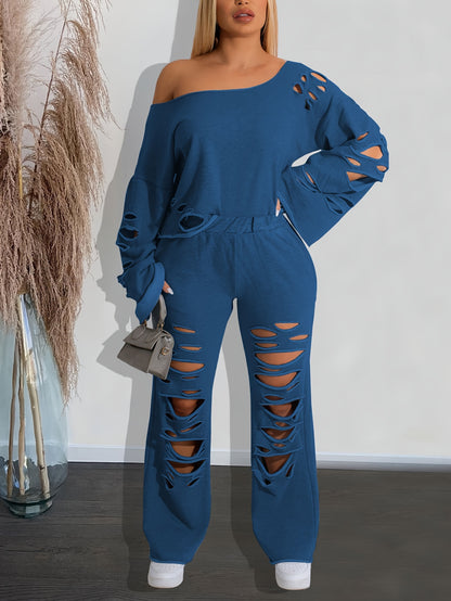 Ensemble 2 pièces femme épaules dénudées délavé – Haut manches longues et pantalon déchiré