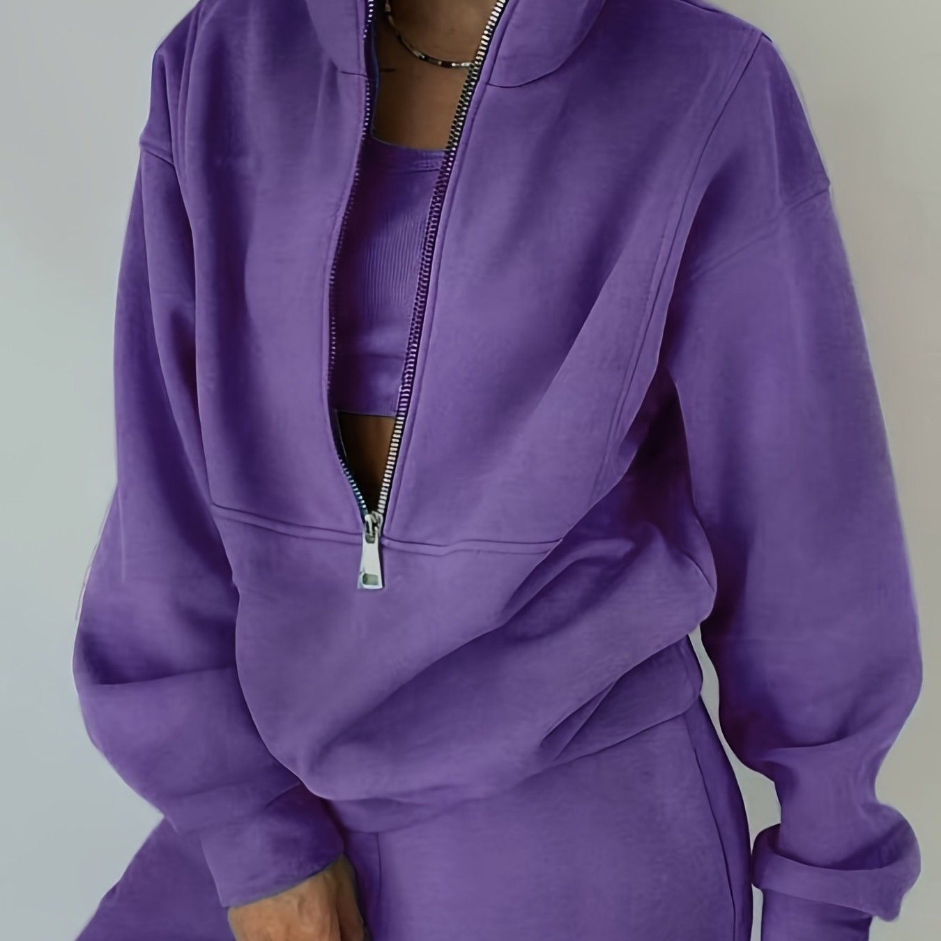 Conjunto polar para mujer de tallas grandes – Sudadera con cremallera y pantalón, atuendo urbano