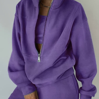 Conjunto polar para mujer de tallas grandes – Sudadera con cremallera y pantalón, atuendo urbano