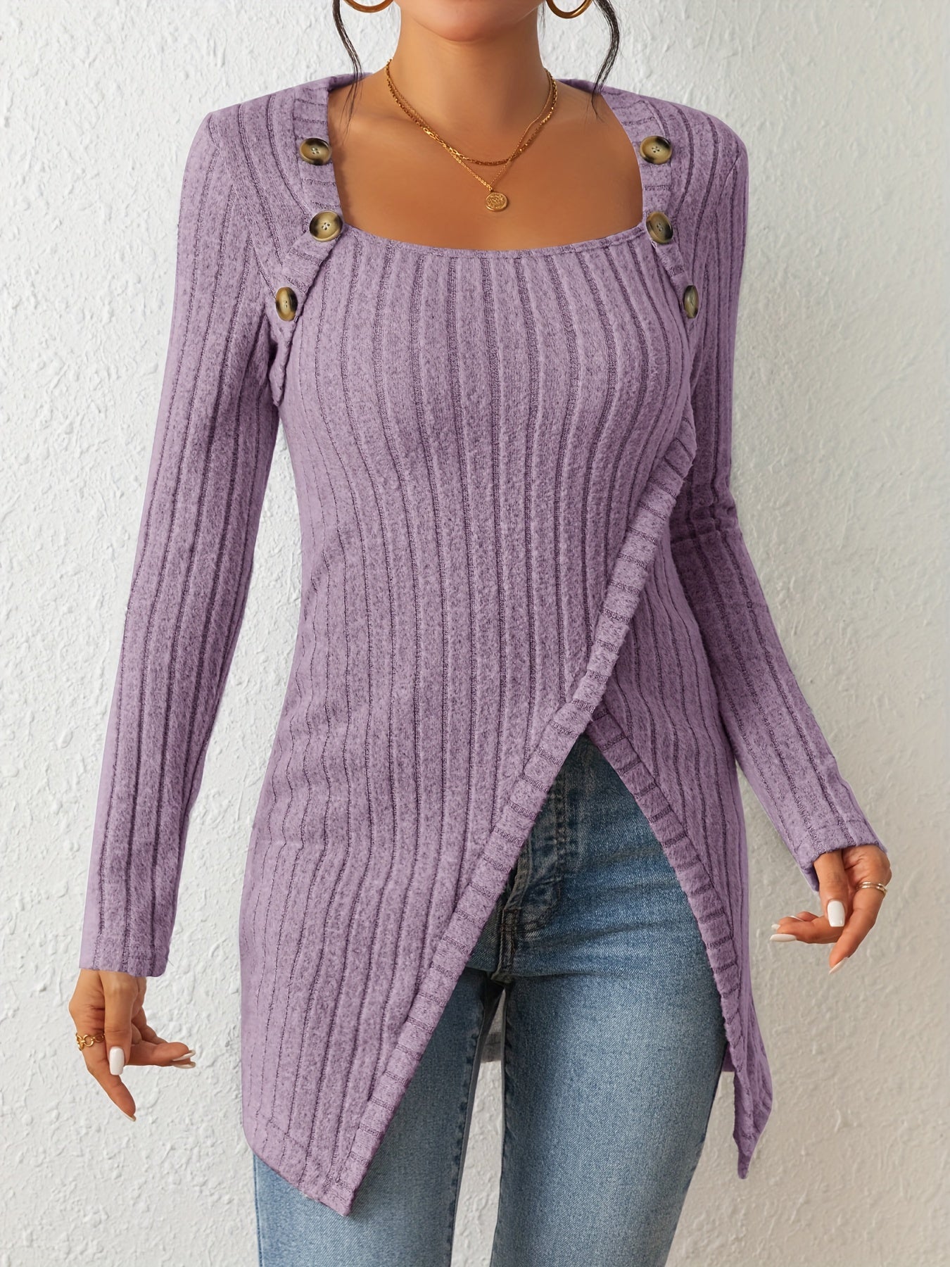 Camiseta de punto entallada para mujer – Top de manga larga con cuello cuadrado