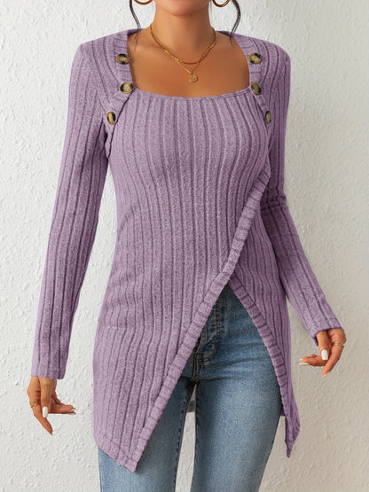 Camiseta de punto entallada para mujer – Top de manga larga con cuello cuadrado
