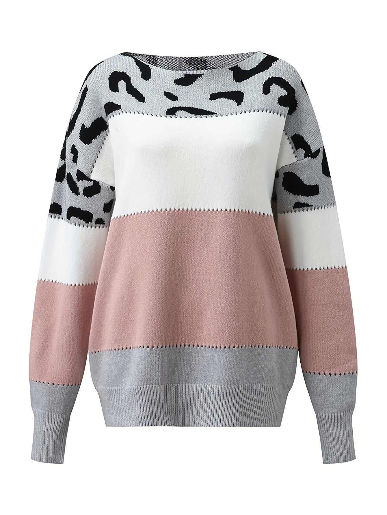 Suéter de mujer con retales de leopardo – Jersey de punto rosa y blanco con cuello redondo