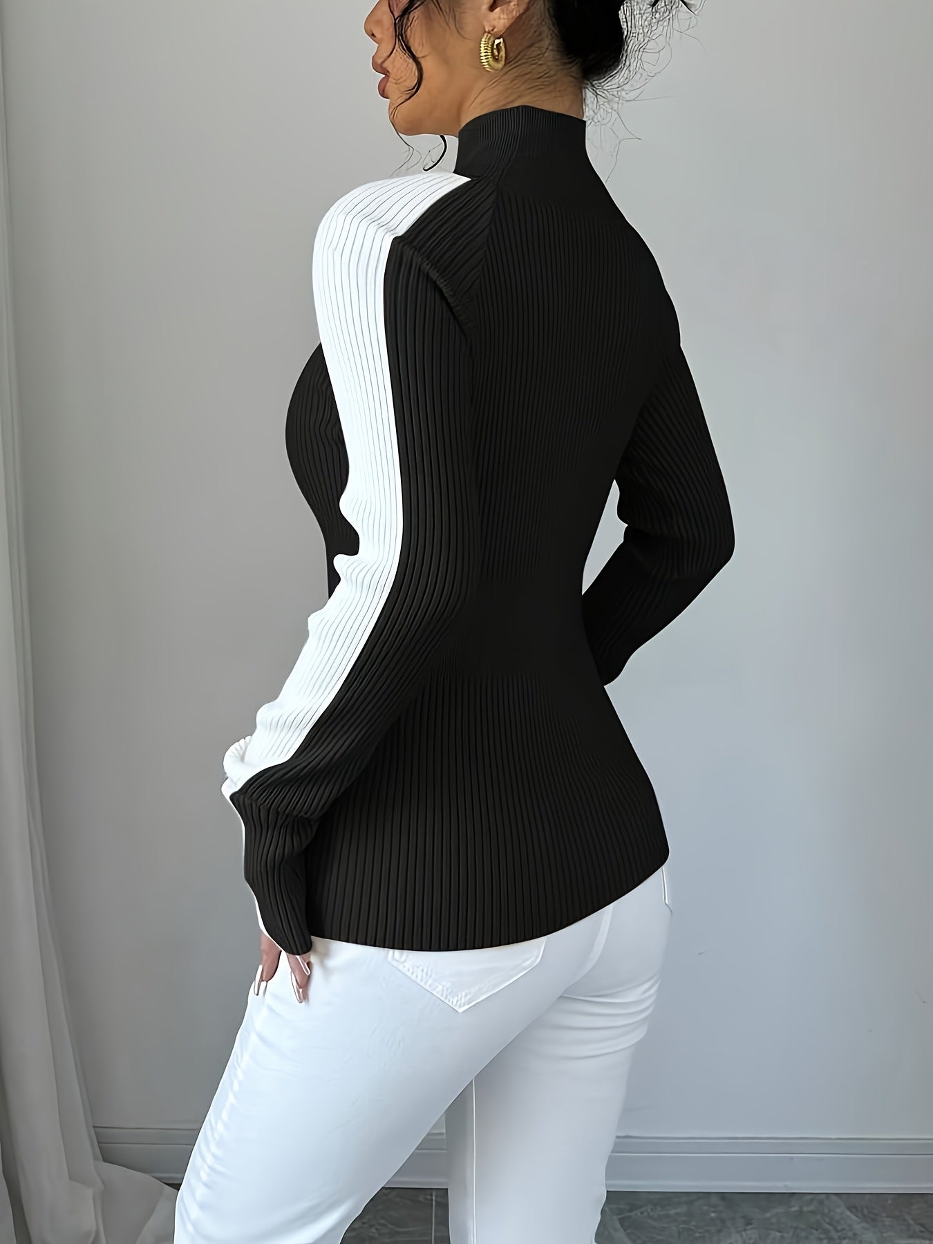 Suéter de cuello alto color block para mujer - Blusa elegante de punto suave