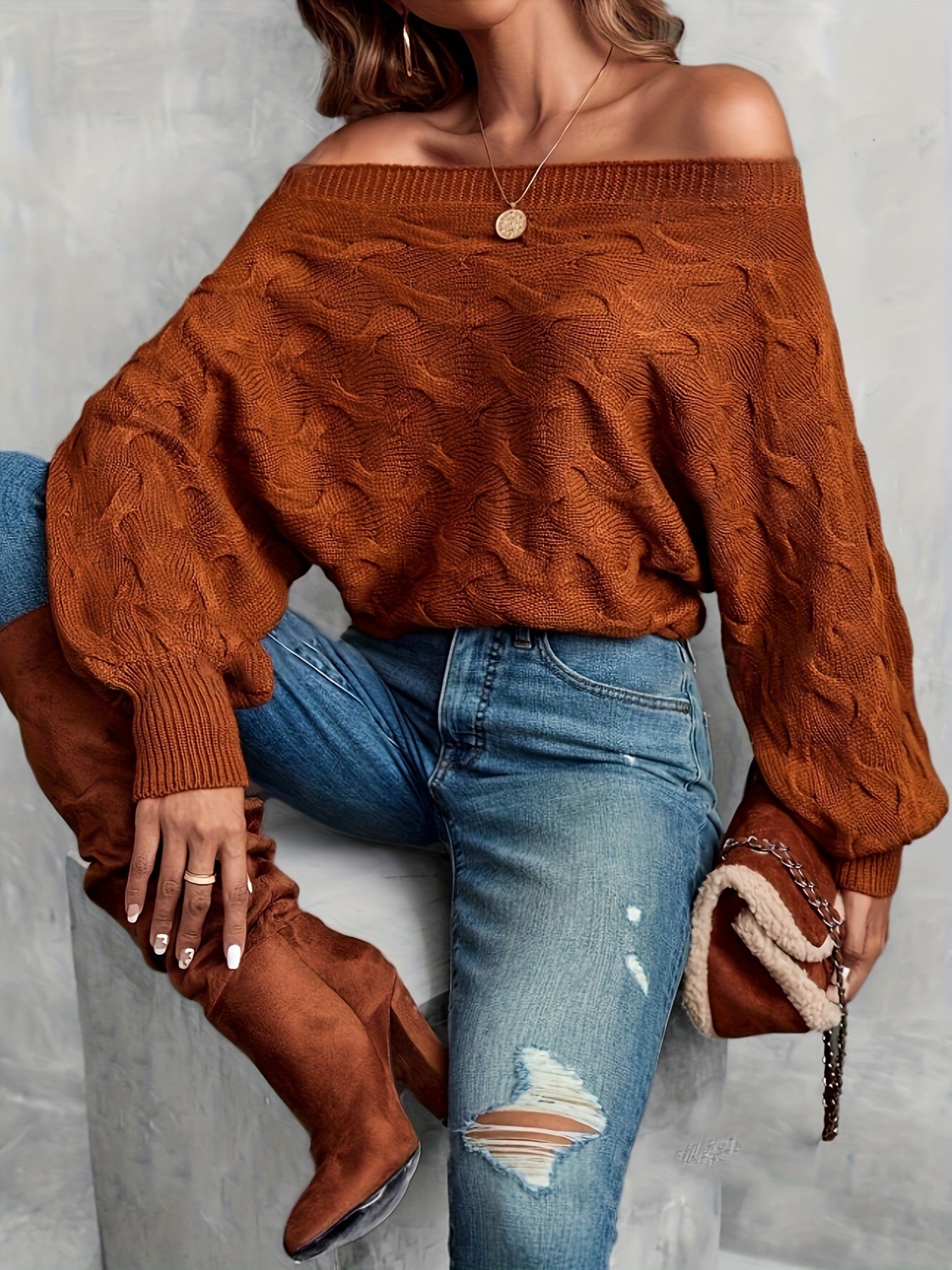 Suéter murciélago para mujer con hombros descubiertos – Tejido holgado para todas las estaciones