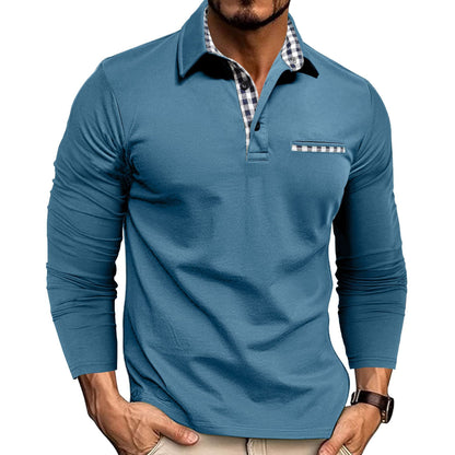 Loom & Soul™ Polo de hombre de manga larga con retales de cuadros y color liso - Casual