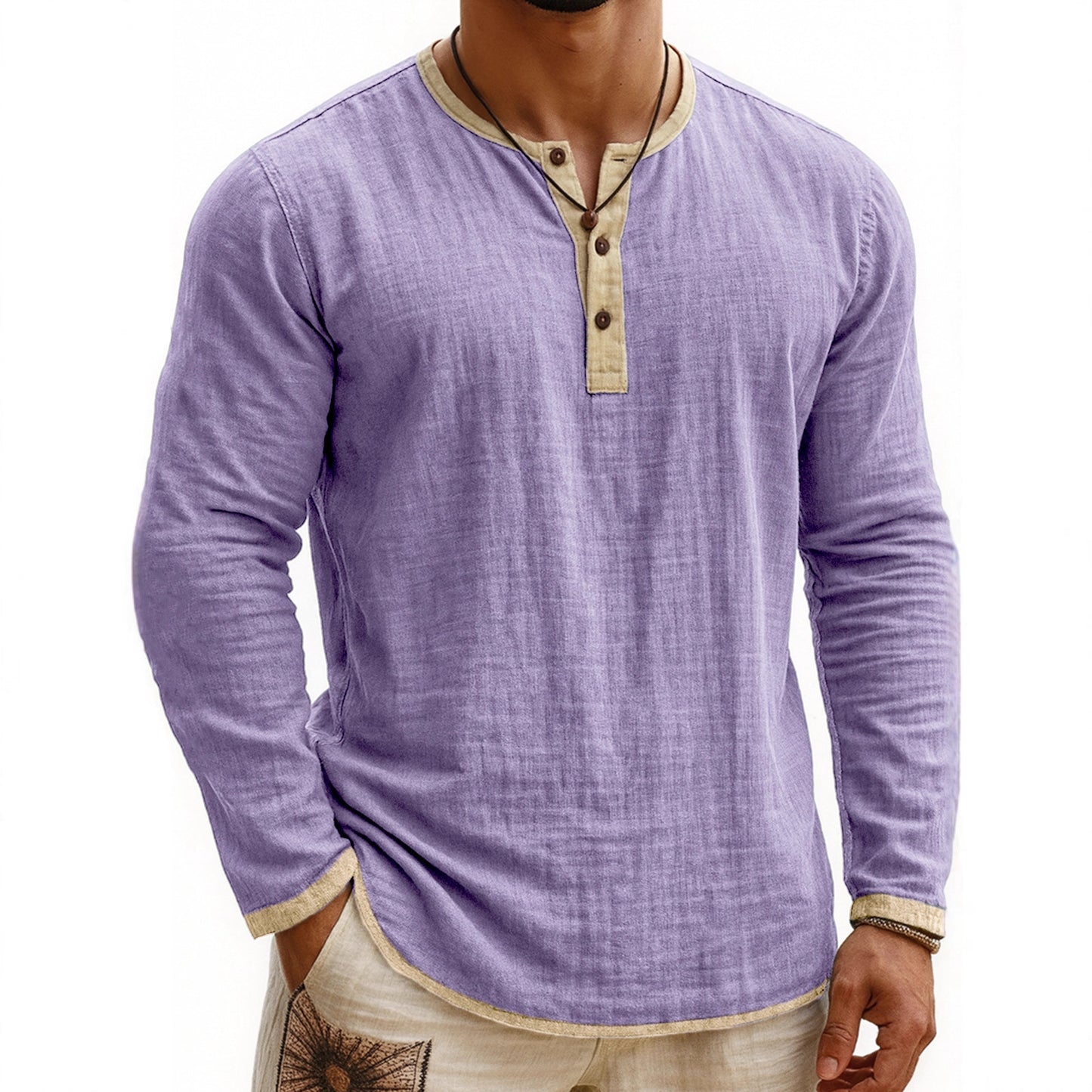 Camiseta Henley de manga larga con estampado digital bicolor para hombre – Corte ajustado de 3 botones