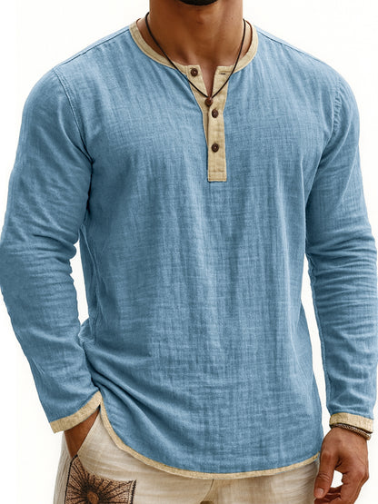 Camiseta Henley de manga larga con estampado digital bicolor para hombre – Corte ajustado de 3 botones