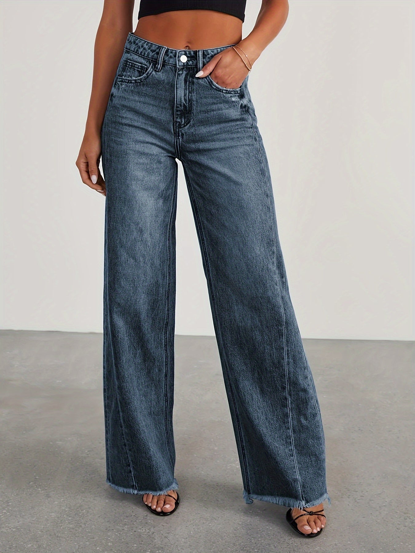 Pantalones vaqueros de mujer de talle alto y pernera ancha – Vaqueros elásticos informales holgados