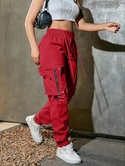 Pantalones cargo de mujer con cordón ajustable – Corte casual urbano con múltiples bolsillos
