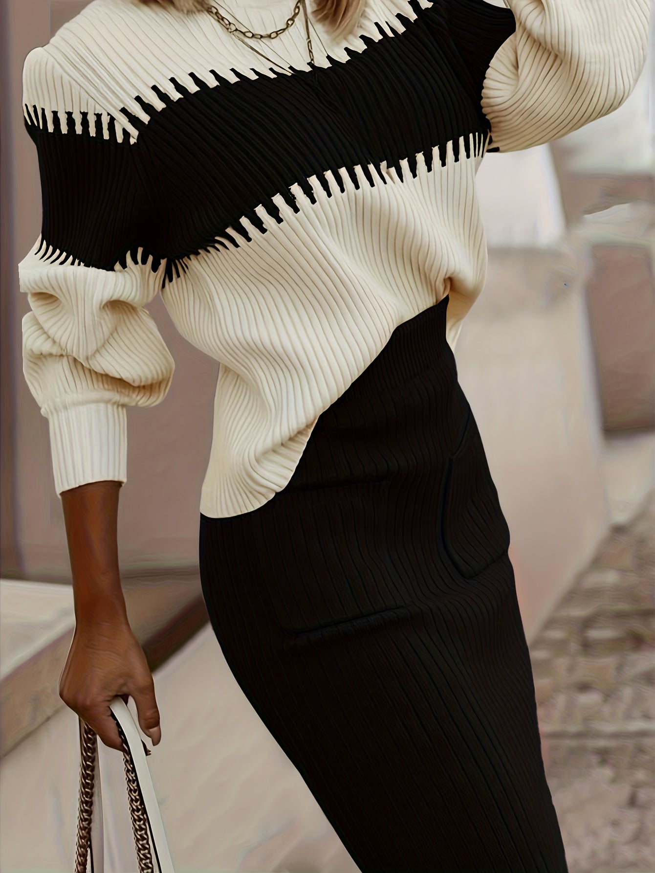 Conjunto de suéter y falda de cuello alto con bloques de color – Dos piezas elegantes de invierno