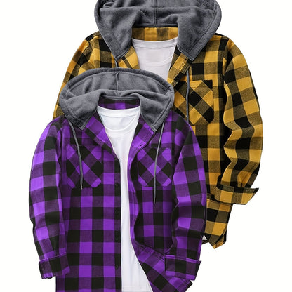 Camisas a cuadros con capucha para hombre, 2 piezas – Conjunto de chaqueta tipo suéter con botones