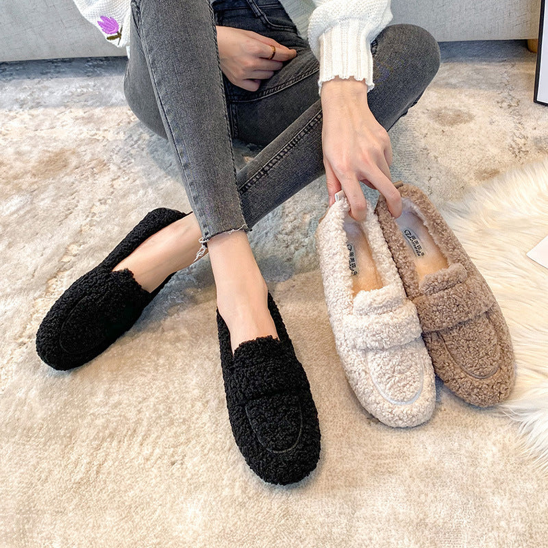 Mocasines planos de felpa de invierno Loom & Soul para mujer – Mocasines de lana de cordero cálidos sin cordones con forro suave y tacón plano