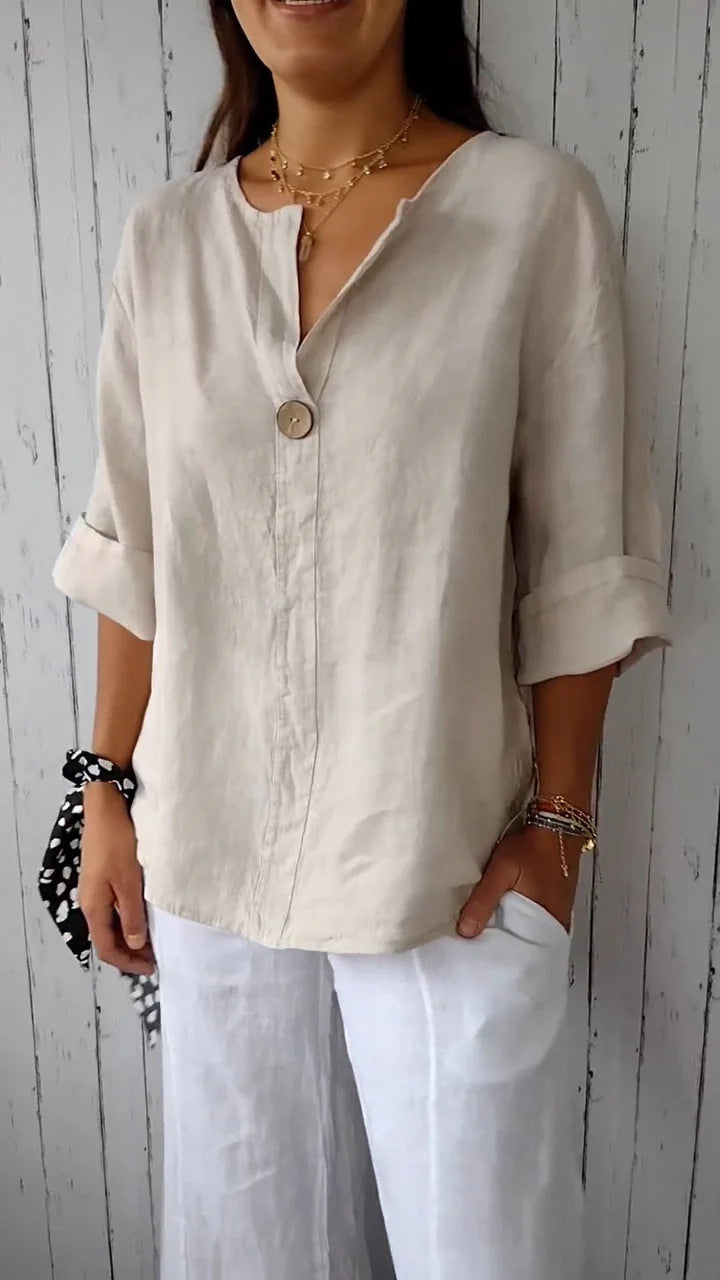 Loom & Soul™ Top de botones con cuello en V de algodón y lino para mujer – Blusa suelta de manga larga